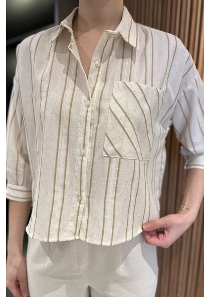 Çizgili Cepli Kadın Keten Gömlek P-00016621 fırsatları