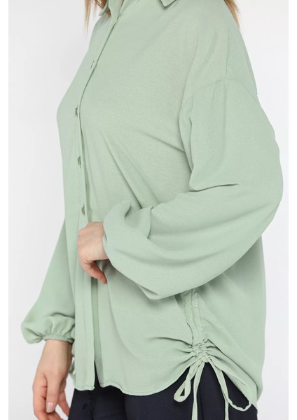 Yan Büzgülü Bağcıklı Kadın Gömlek P-00016622 fırsatları
