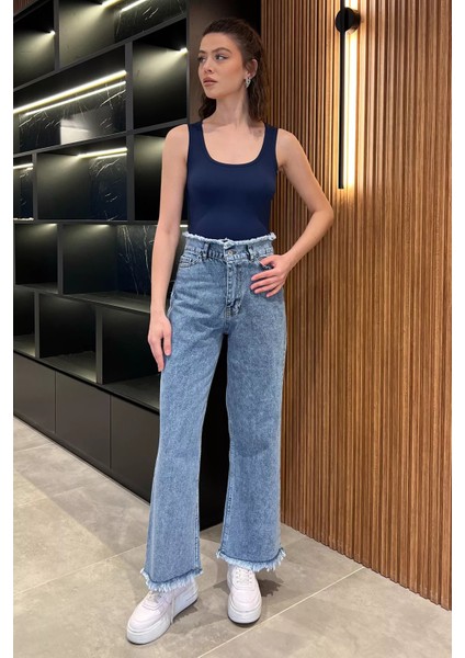 Kadın Bel ve Paça Püsküllü Yüksek Bel Jean Kot Pantolon P-00016786