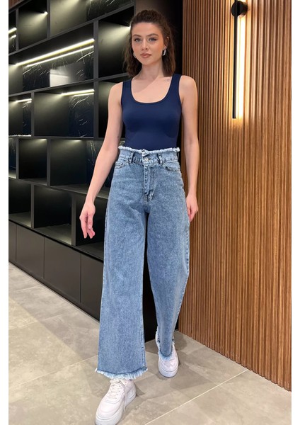 Kadın Bel ve Paça Püsküllü Yüksek Bel Jean Kot Pantolon P-00016786 fiyatları