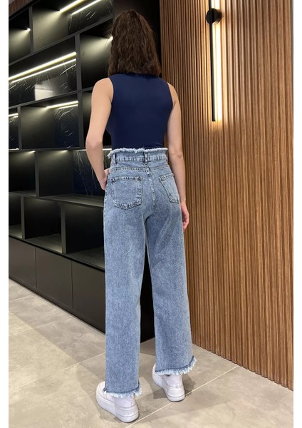 Kadın Bel ve Paça Püsküllü Yüksek Bel Jean Kot Pantolon P-00016786 modelleri