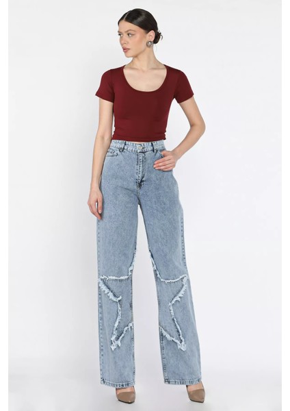 Kadın Yüksek Bel Yıldız Detaylı Palazzo Jean Kot Pantolon P-00016788