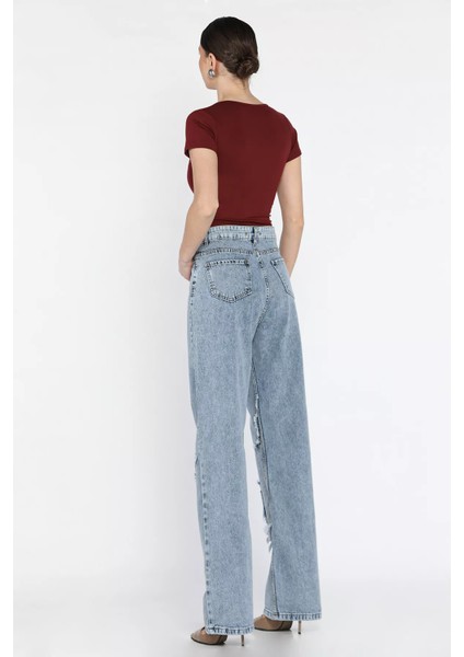 Kadın Yüksek Bel Yıldız Detaylı Palazzo Jean Kot Pantolon P-00016788 fırsatları