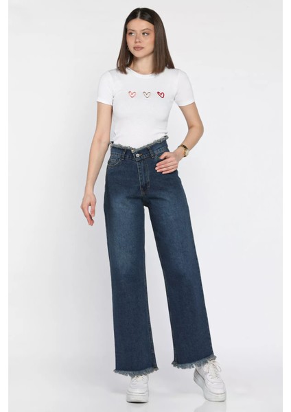 Kadın Bel ve Paça Püsküllü Yüksek Bel Jean Kot Pantolon P-00016786