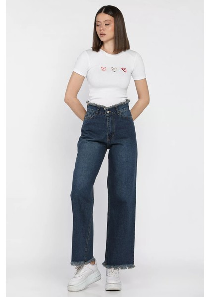 Kadın Bel ve Paça Püsküllü Yüksek Bel Jean Kot Pantolon P-00016786 fiyatları