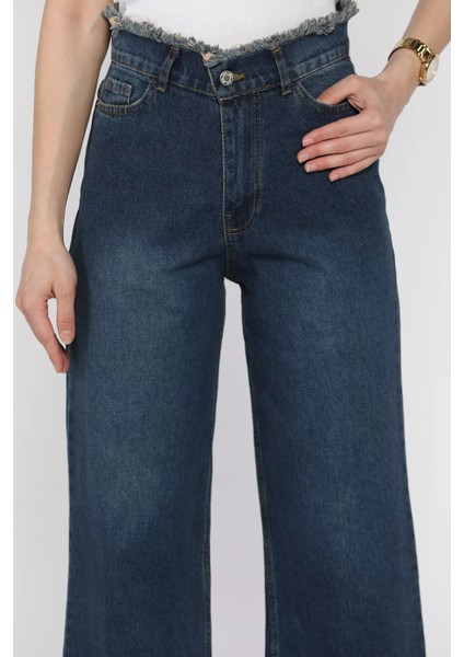 Kadın Bel ve Paça Püsküllü Yüksek Bel Jean Kot Pantolon P-00016786 fırsatları