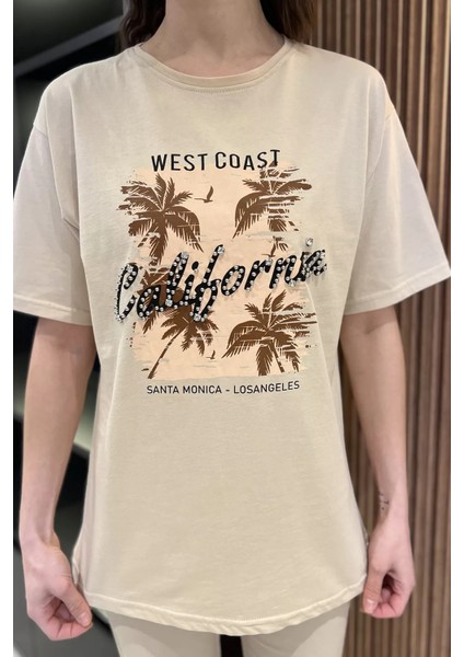 California Baskılı Taşlı Bisiklet Yaka Kadın Tişört P-00016727