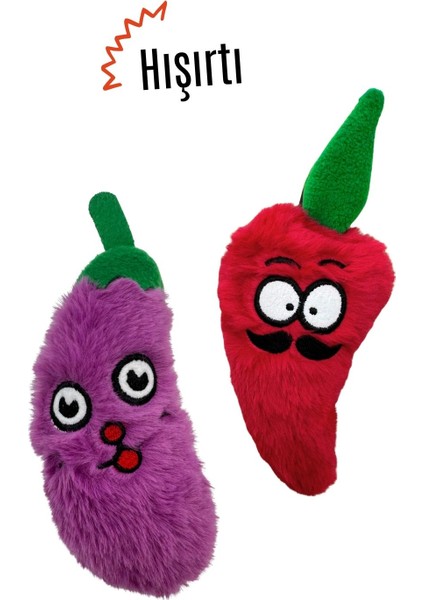 Hışırtı Sesli Kedi Oyuncak Seti (2’li) – Peluş Patlıcan & Biber Catnipli Kedi Oyuncakları