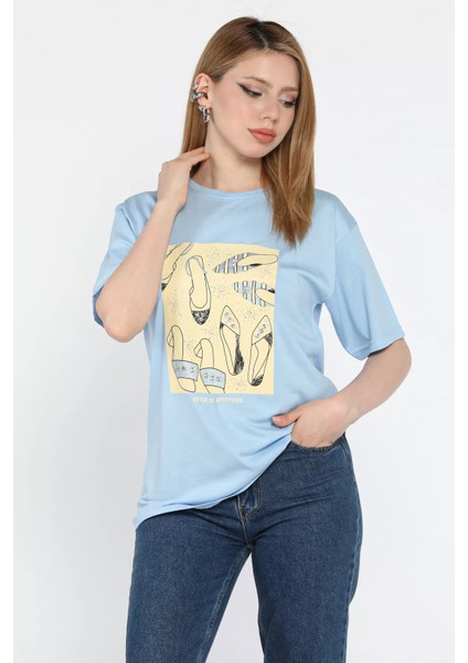 Kadın Bisiklet Yaka Taş Işlemeli Baskılı Kadın Tişört P-00016725