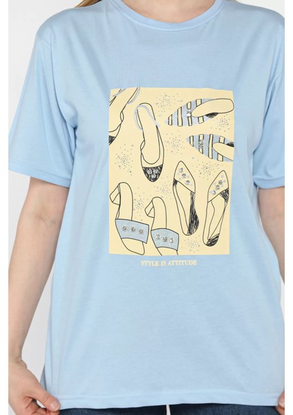 Kadın Bisiklet Yaka Taş Işlemeli Baskılı Kadın Tişört P-00016725 fırsatları