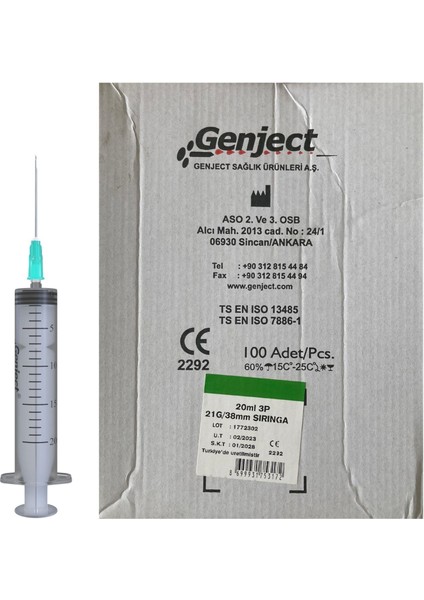 - 20 ml 3parça 21G 0.80 x 38MM Enjektör - 100 Adet