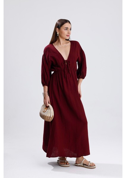 Balon Kol V Yaka Müslin Elbise - Bordo