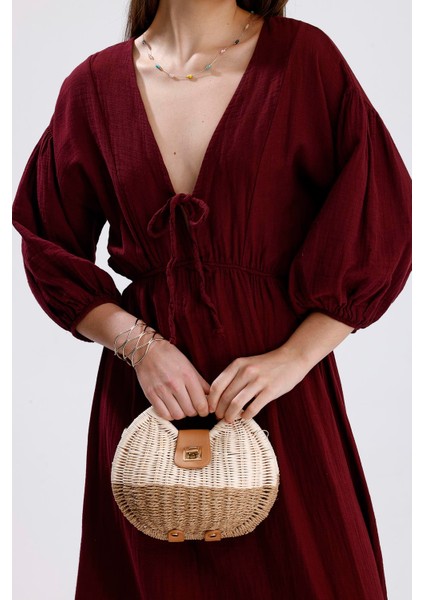 Balon Kol V Yaka Müslin Elbise - Bordo fiyatları