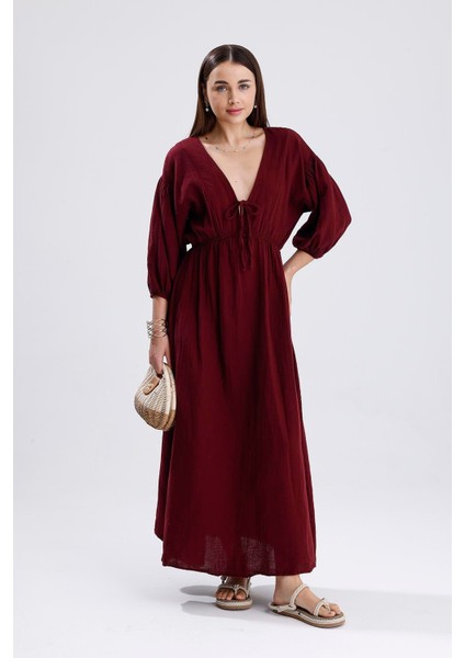 Balon Kol V Yaka Müslin Elbise - Bordo modelleri