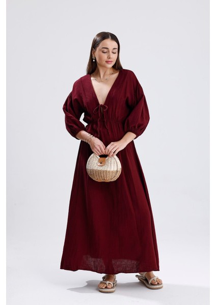Balon Kol V Yaka Müslin Elbise - Bordo fırsatları