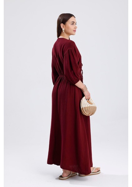 Balon Kol V Yaka Müslin Elbise - Bordo indirimleri
