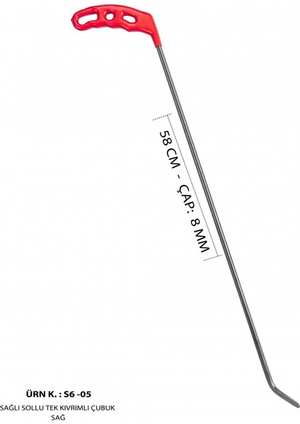 58 cm 8 mm Çap Sağlı Sollu Tek Kıvrımlı Sağ Boyasız Göçük Düzeltme Çubuğu, Pdr Çubuk - S6-05