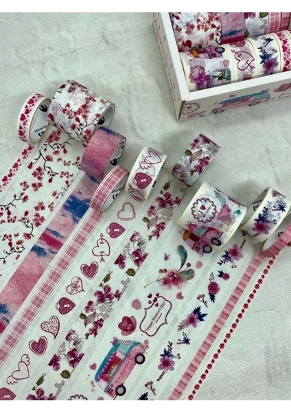 Masking Tape Çiçek ve Kalp Temalı 10'lu Pembe Kutu Washi Bant Set / Washi Tape / Bullet Journal fiyatları