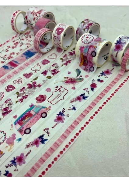 Masking Tape Çiçek ve Kalp Temalı 10'lu Pembe Kutu Washi Bant Set / Washi Tape / Bullet Journal modelleri