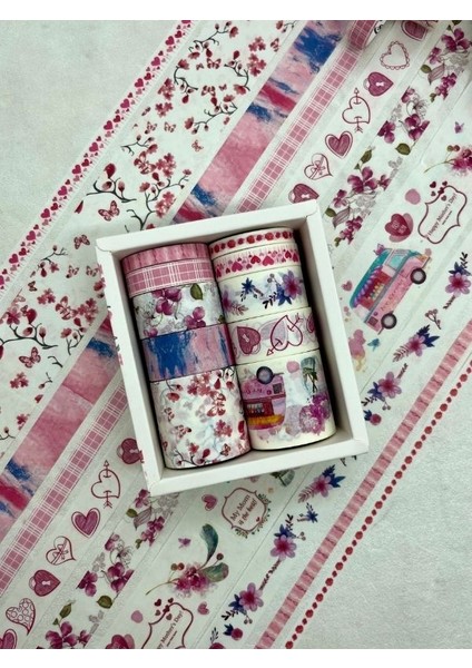 Masking Tape Çiçek ve Kalp Temalı 10'lu Pembe Kutu Washi Bant Set / Washi Tape / Bullet Journal indirimleri