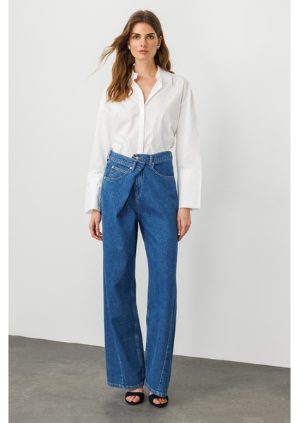 Mavi Önden Çapraz Düğme Detaylı Yüksek Bel Wide Leg Jean fiyatları