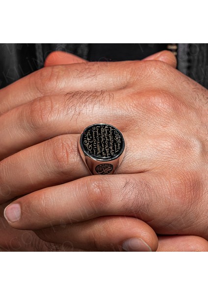925 Ayar Gümüş Oniks Taş Üzeri Felak Suresi Yazılı Dualı Erkek Yüzük