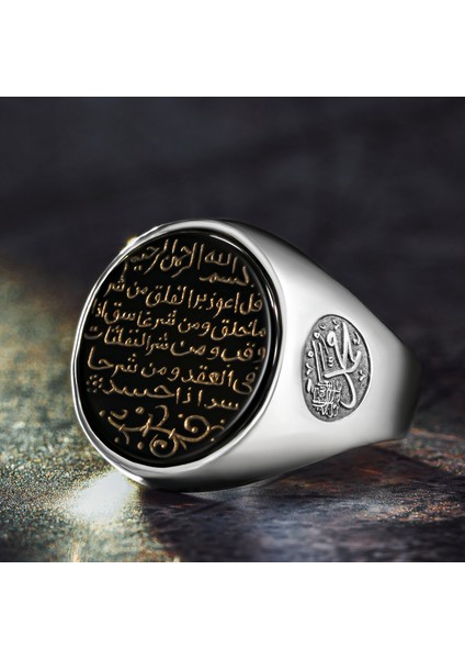 925 Ayar Gümüş Oniks Taş Üzeri Felak Suresi Yazılı Dualı Erkek Yüzük fiyatları