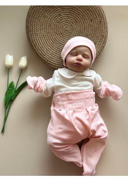 Pembe Hastane Çıkışı Set (Body, Pantolon, Bere, Eldiven)