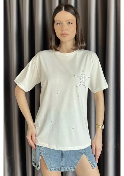 Yıldız Taşlı Bisiklet Yaka Kadın Tişört P-00016717