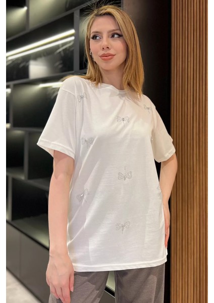 Fiyonk Taşlı Bisiklet Yaka Kadın Tişört P-00016716 fiyatları