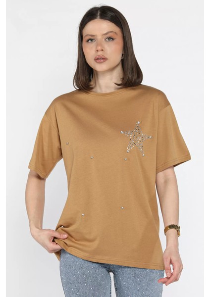 Yıldız Taşlı Bisiklet Yaka Kadın Tişört P-00016717