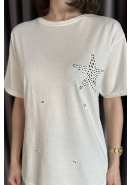 Yıldız Taşlı Bisiklet Yaka Kadın Tişört P-00016717 fırsatları