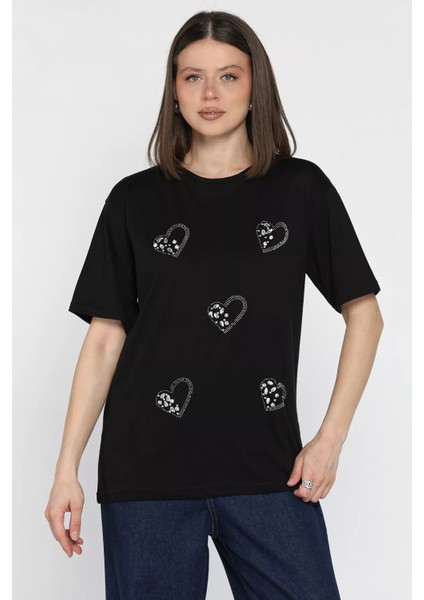 Kalpli Taş Detaylı Kadın Tişört P-00016718