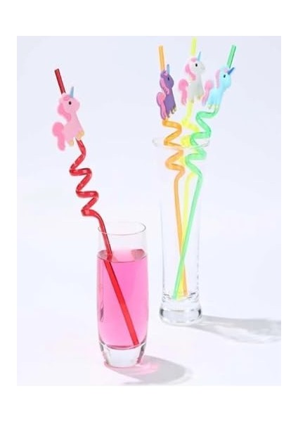 4 Adet Şekilli Çocuk Pipeti - 26 cm Uzunluğunda Kıvrımlı ve Figürlü Renkli Plastik Pipet Seti