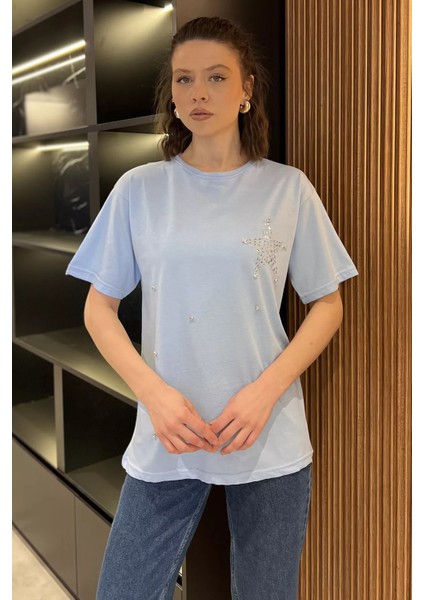 Yıldız Taşlı Bisiklet Yaka Kadın Tişört P-00016717 fiyatları