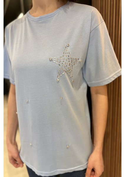 Yıldız Taşlı Bisiklet Yaka Kadın Tişört P-00016717 fırsatları