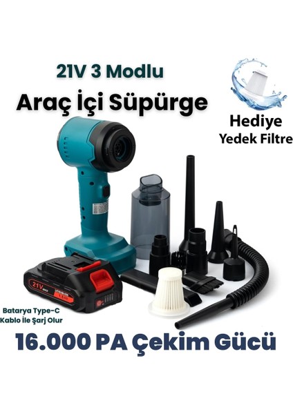 Yeni Araç Içi Süpürge 2 In 1 16000PA 3 Kademeli Vakumlu Üflemeli Araç Süpergesi