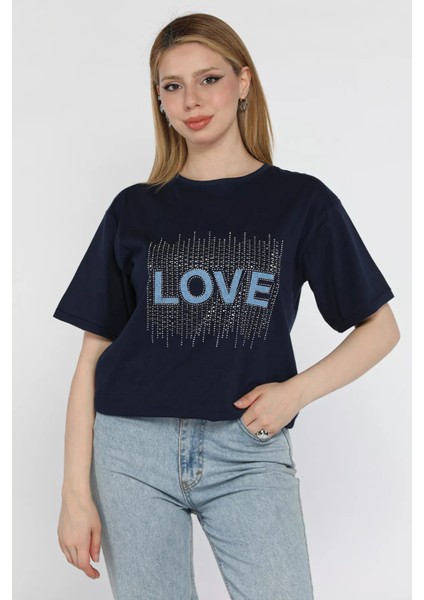 Love Taşlı Bisiklet Yaka Kadın Tişört P-00016715