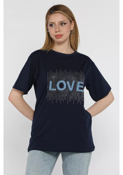 Love Taşlı Bisiklet Yaka Kadın Tişört P-00016715 fiyatları