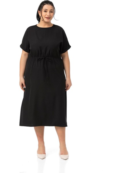 Büyük Beden Beli Lastikli Duble Yarasa Kollu Yanları Yırtmaçlı Siyah Midi Elbise