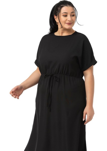 Büyük Beden Beli Lastikli Duble Yarasa Kollu Yanları Yırtmaçlı Siyah Midi Elbise fiyatları