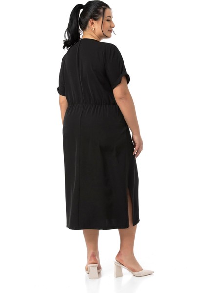 Büyük Beden Beli Lastikli Duble Yarasa Kollu Yanları Yırtmaçlı Siyah Midi Elbise modelleri
