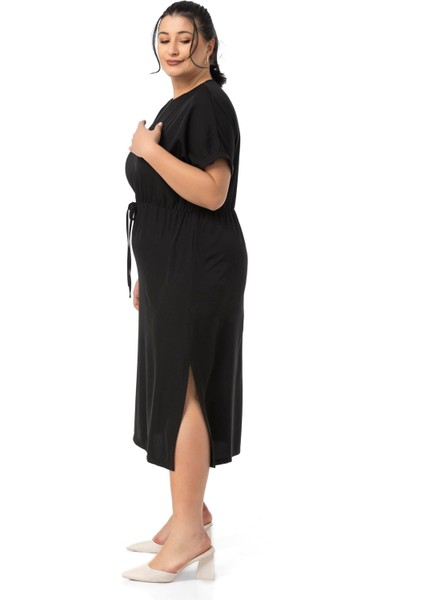 Büyük Beden Beli Lastikli Duble Yarasa Kollu Yanları Yırtmaçlı Siyah Midi Elbise fırsatları