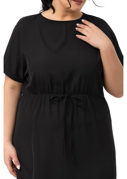 Büyük Beden Beli Lastikli Duble Yarasa Kollu Yanları Yırtmaçlı Siyah Midi Elbise indirimleri