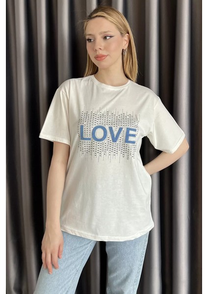 Love Taşlı Bisiklet Yaka Kadın Tişört P-00016715 fiyatları