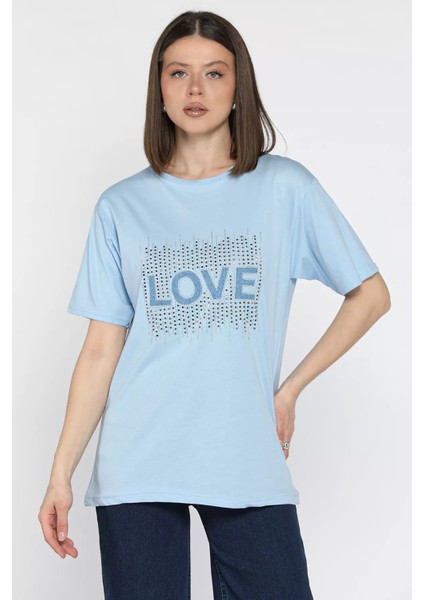 Love Taşlı Bisiklet Yaka Kadın Tişört P-00016715