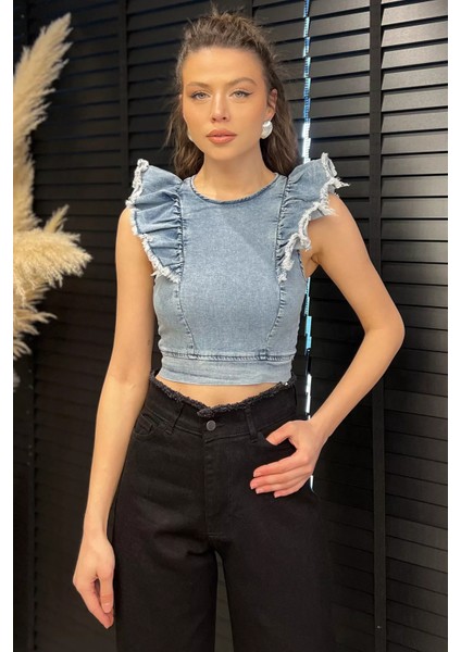 Kadın Omuz Fırfırlı Sırt Fermuarlı Jean Kot Bluz P-00016708