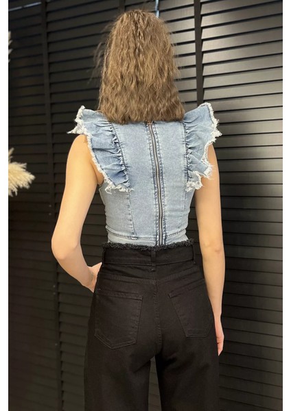 Kadın Omuz Fırfırlı Sırt Fermuarlı Jean Kot Bluz P-00016708 modelleri