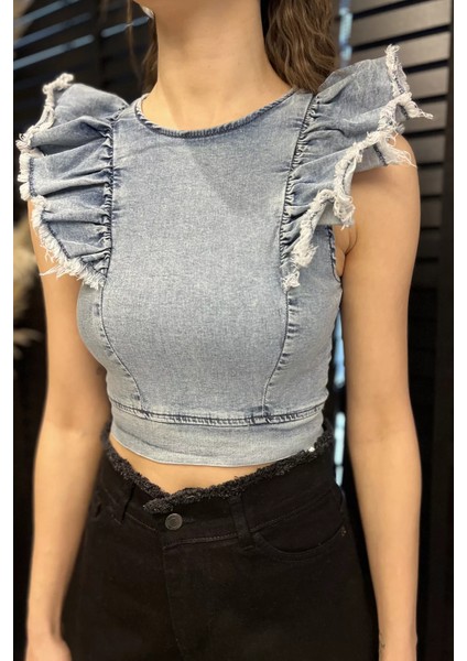 Kadın Omuz Fırfırlı Sırt Fermuarlı Jean Kot Bluz P-00016708 fırsatları