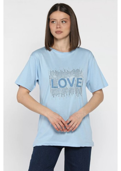 Love Taşlı Bisiklet Yaka Kadın Tişört P-00016715